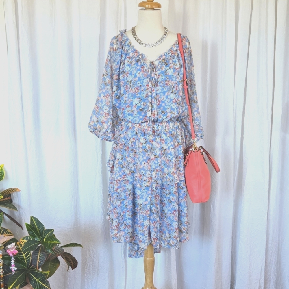 🏷️DAVI & DANI Blue Floral Keyhole Collar Tie Midi Dress 3X